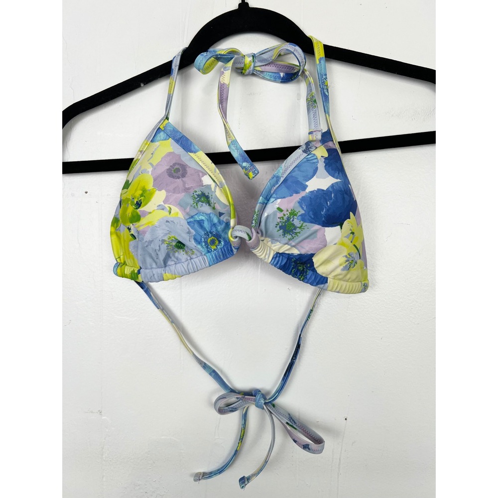 Aerie Real Good Floral Triangle Swim Bikini Top Blue Purple Yellow Large